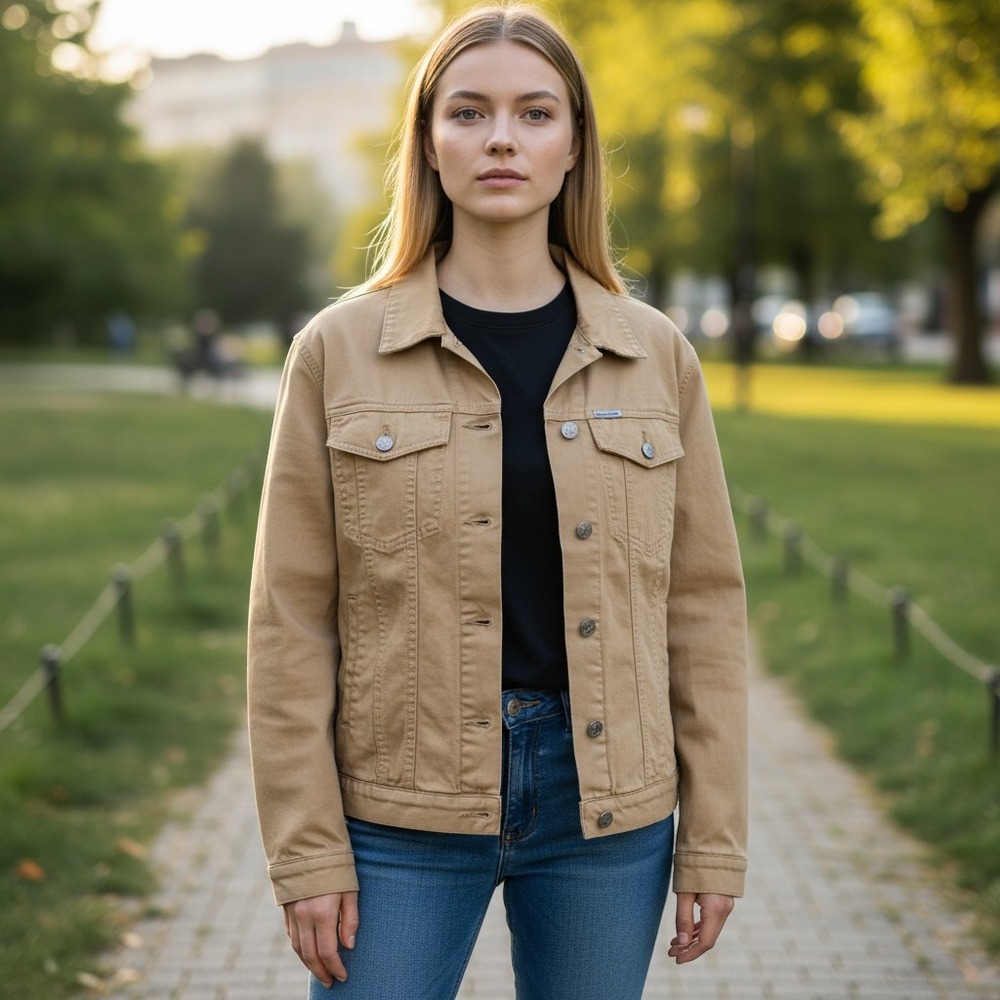 Calvin Klein Jeans Jacket Womens L‎ Tan Brown Cotton Button Up Jean Coat Work